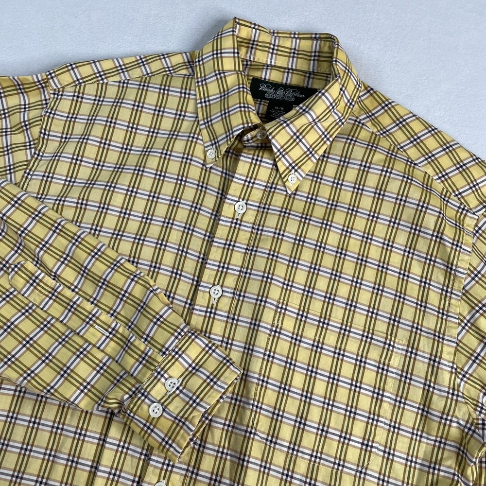 Brooks Brothers Shirt Men Med Country Club Yellow Brown Tattersail‎ Long Sleeve